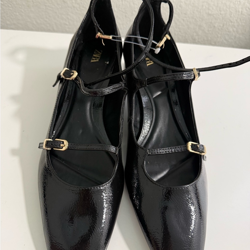 Zara Black Patent Triple Strap Block Heel Maryjane with Ankle Strap - Picture 3 of 8